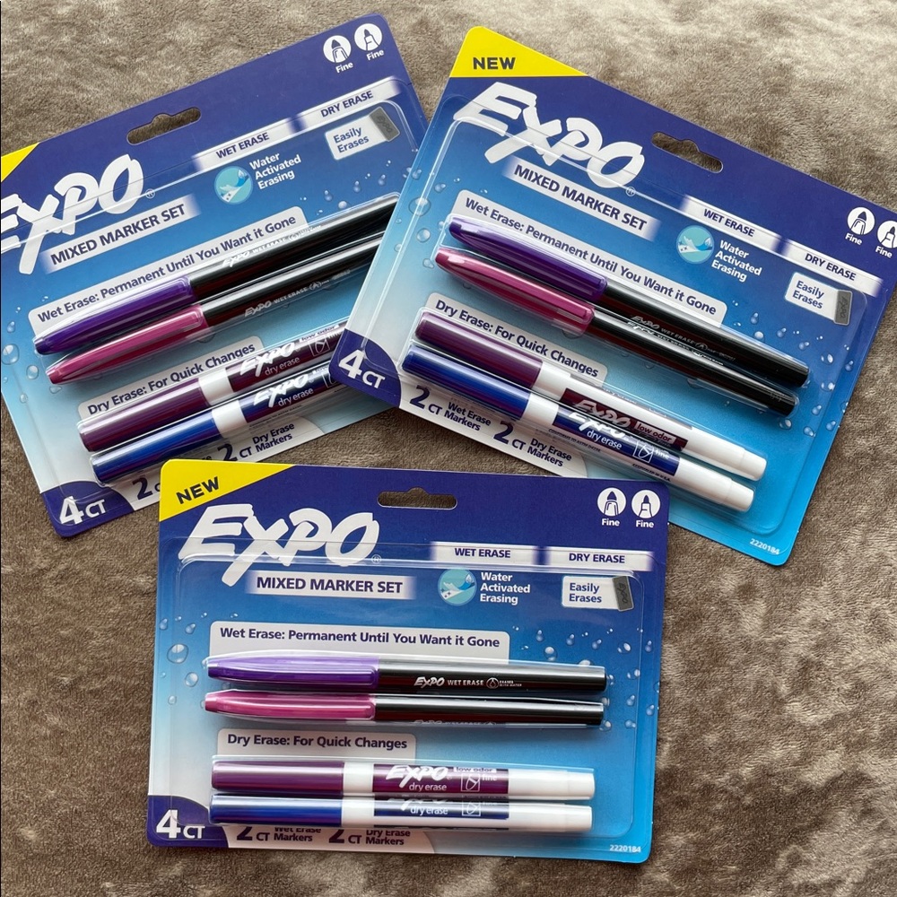 3 Sets •EXPO• Wet/Dry Erase Mixed Marker Set >> 4 markers blue/purple NWT
